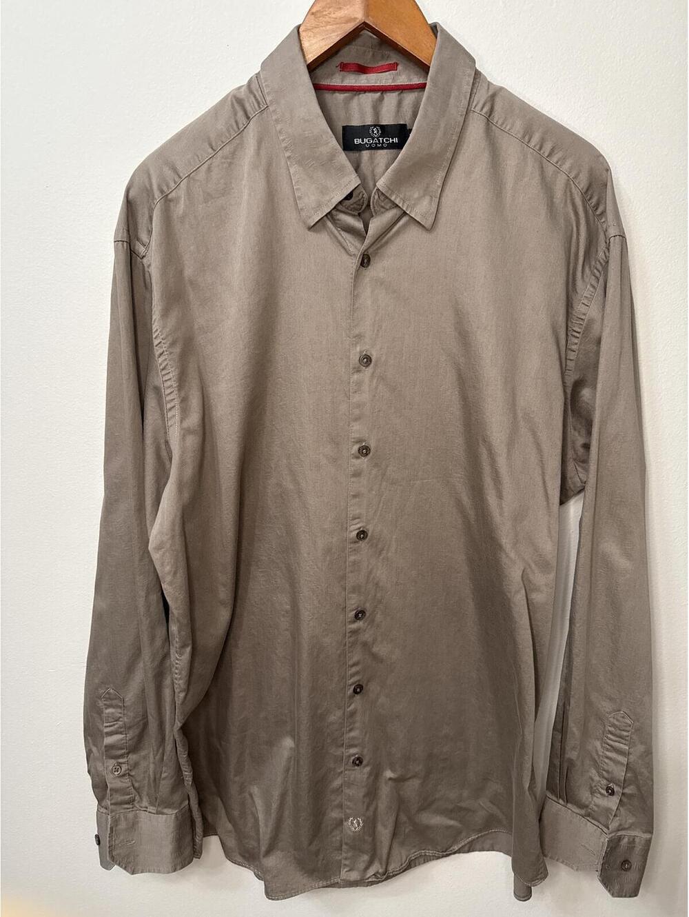 Bugatchi Uomo XXL Brown Taupe Button Front Dress Shirt 100% Cotton Long Sleeve